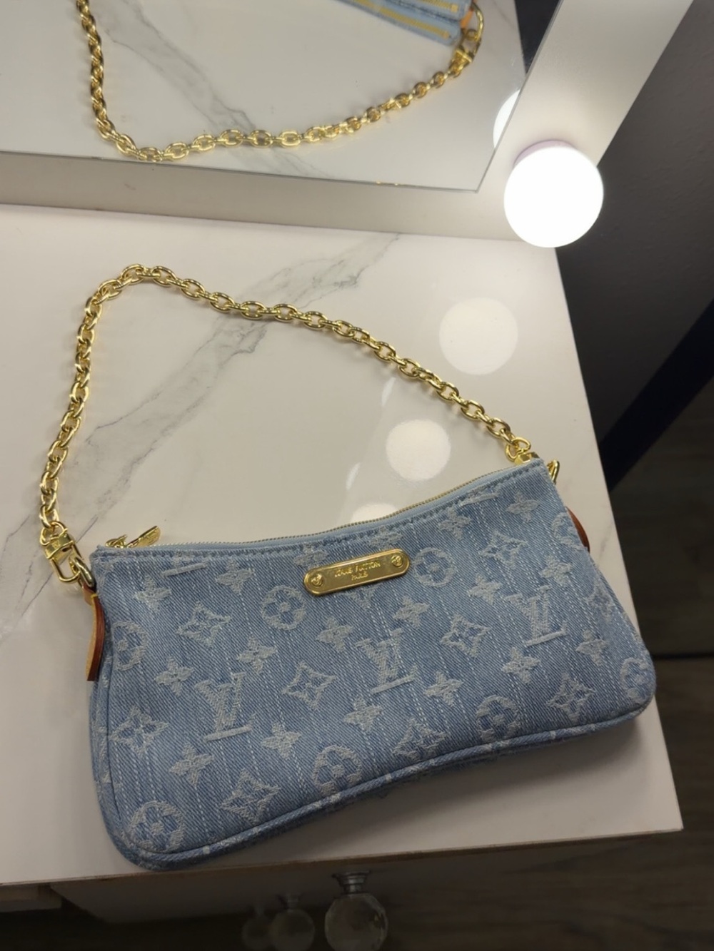Louis Vuitton Light Blue Denim Mini Pochette with Gold Chain